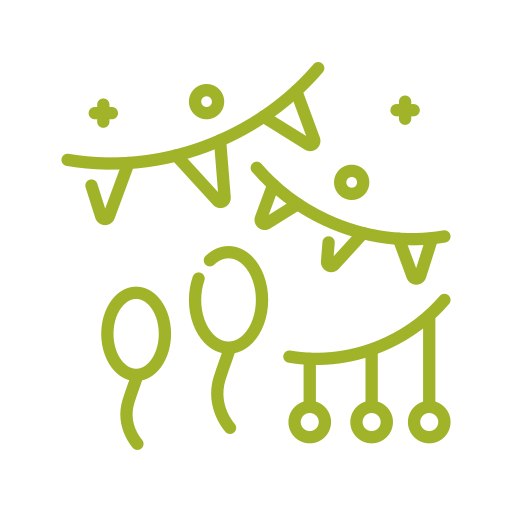 Line drawing of party decorations with balloons and buntings in green