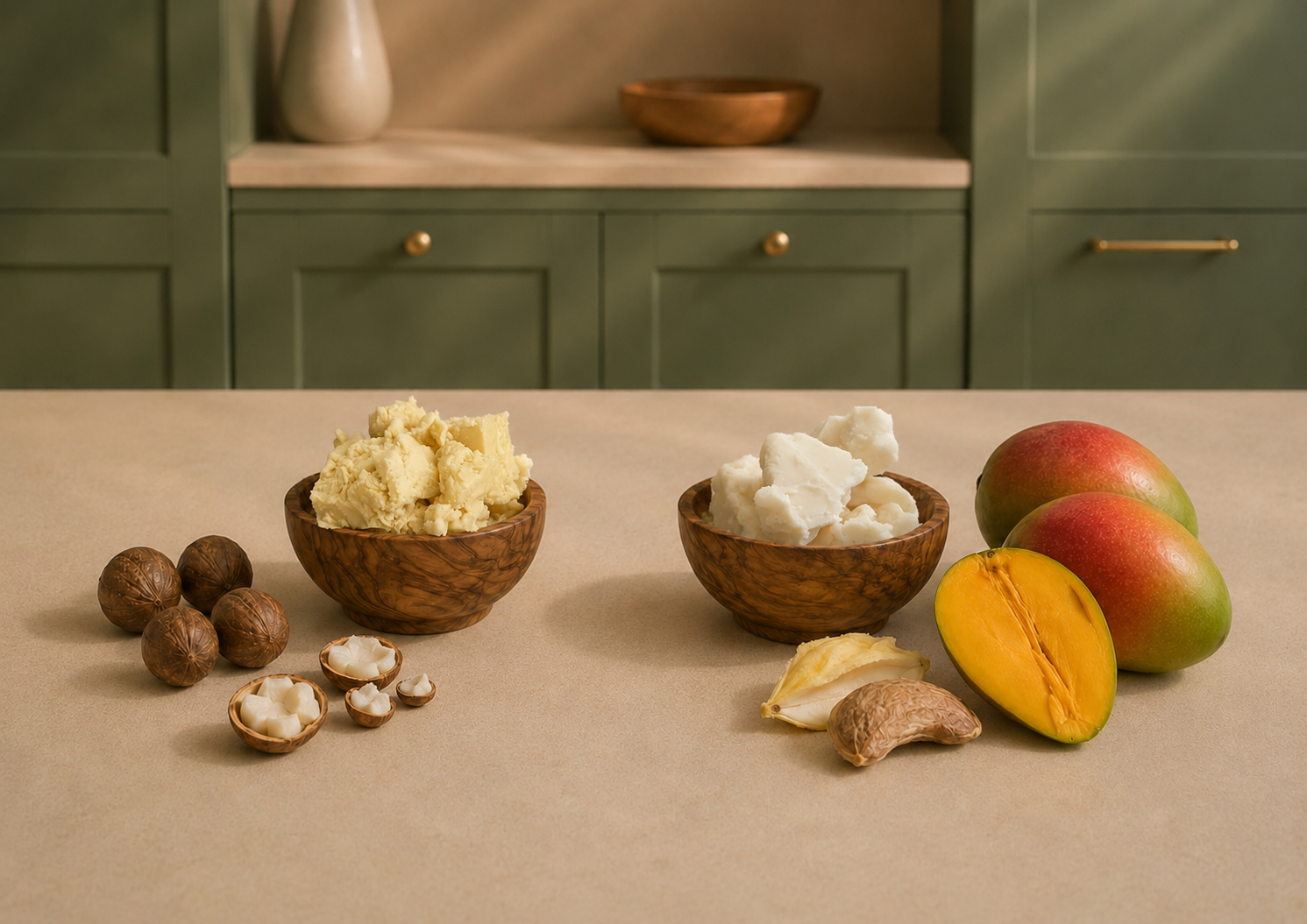 Comparison of shea nuts with raw shea butter and mango fruit with raw mango butter on an ivory stone countertop in a softly lit kitchen with muted green cabinetry.