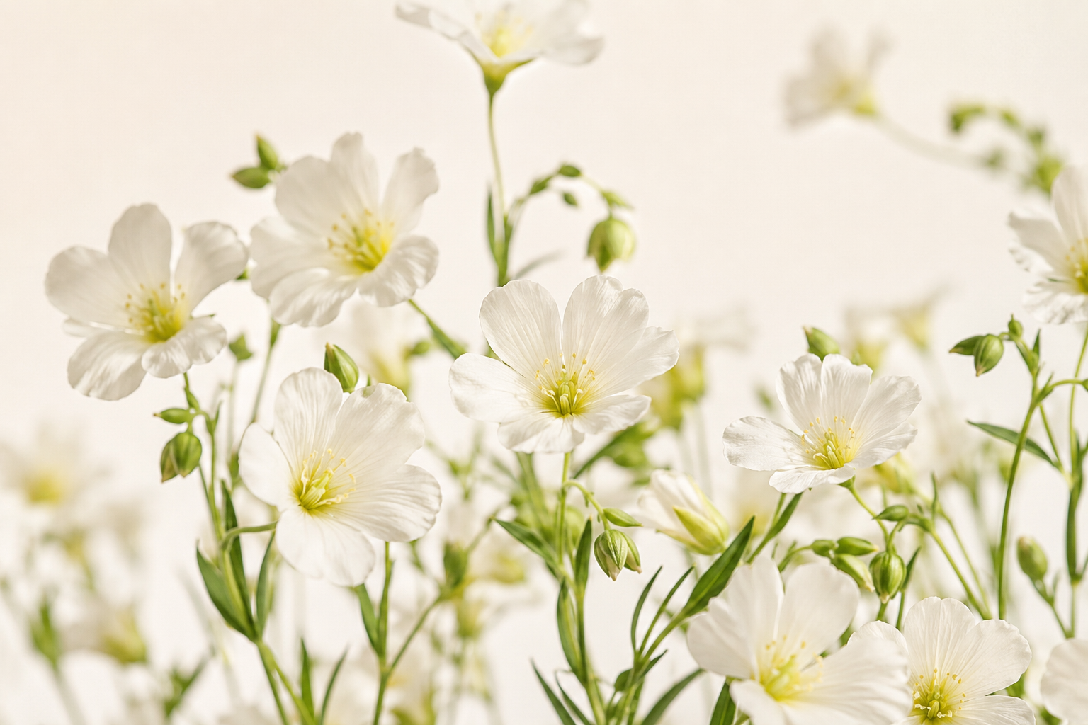 Close-up of white and yellow Meadowfoam wildflowers, Limnanthes alba, grown in Oregon's Willamette Valley for waterless skincare formulations.