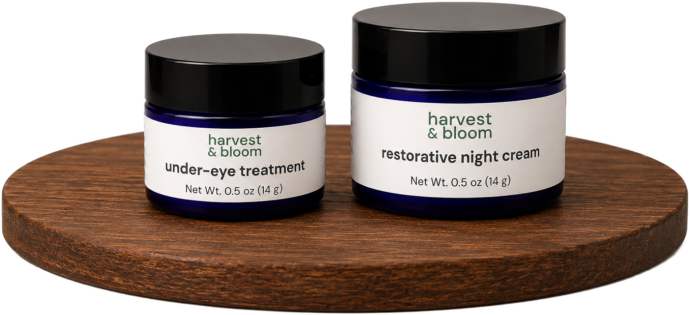 Shop Harvest and Bloom evening skincare sets pairing a concentrated under-eye balm with a rich bakuchiol night cream.