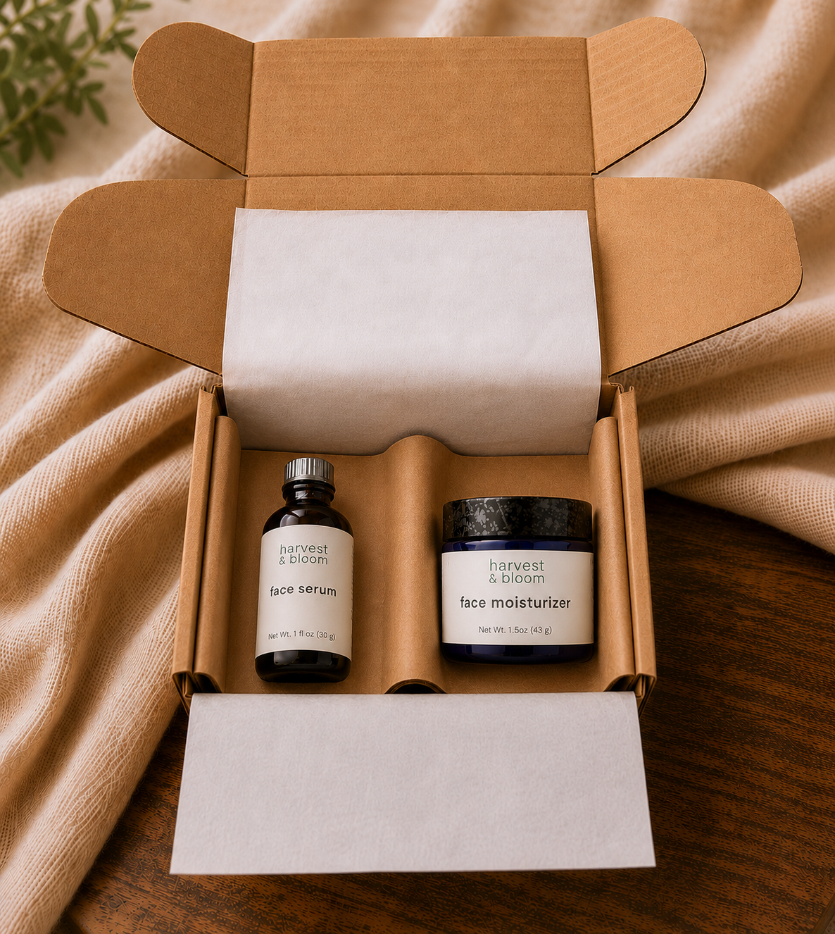 A curated natural face care gift set featuring full-size botanical serum and daily cream moisturizer packaged together for a morning skincare ritual.