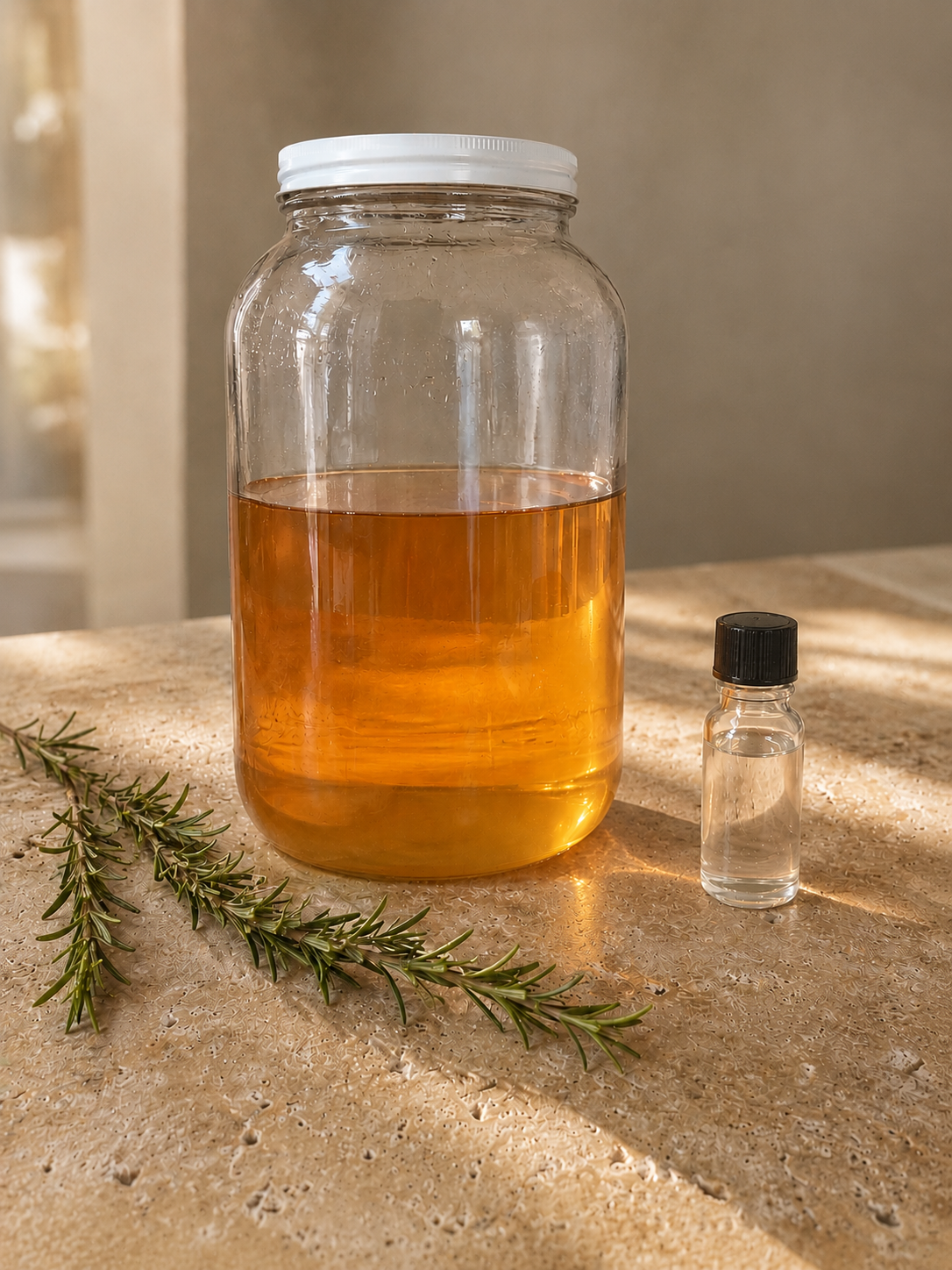 A large glass gallon jar filled with amber-colored rosemary infused oil next to a small clear vial of rosemary essential oil and a fresh rosemary sprig on a travertine surface.
