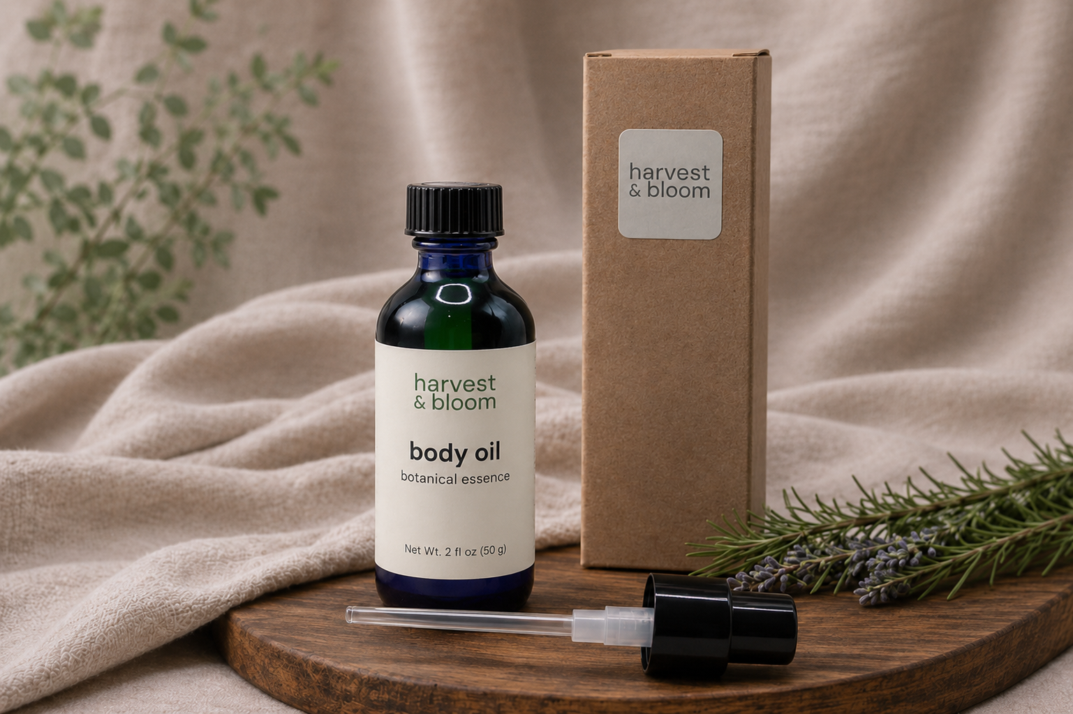 Handcrafted botanical body oil in an eco-friendly blue glass bottle alongside its natural kraft paper gift box, showing a removable treatment pump attachment.
