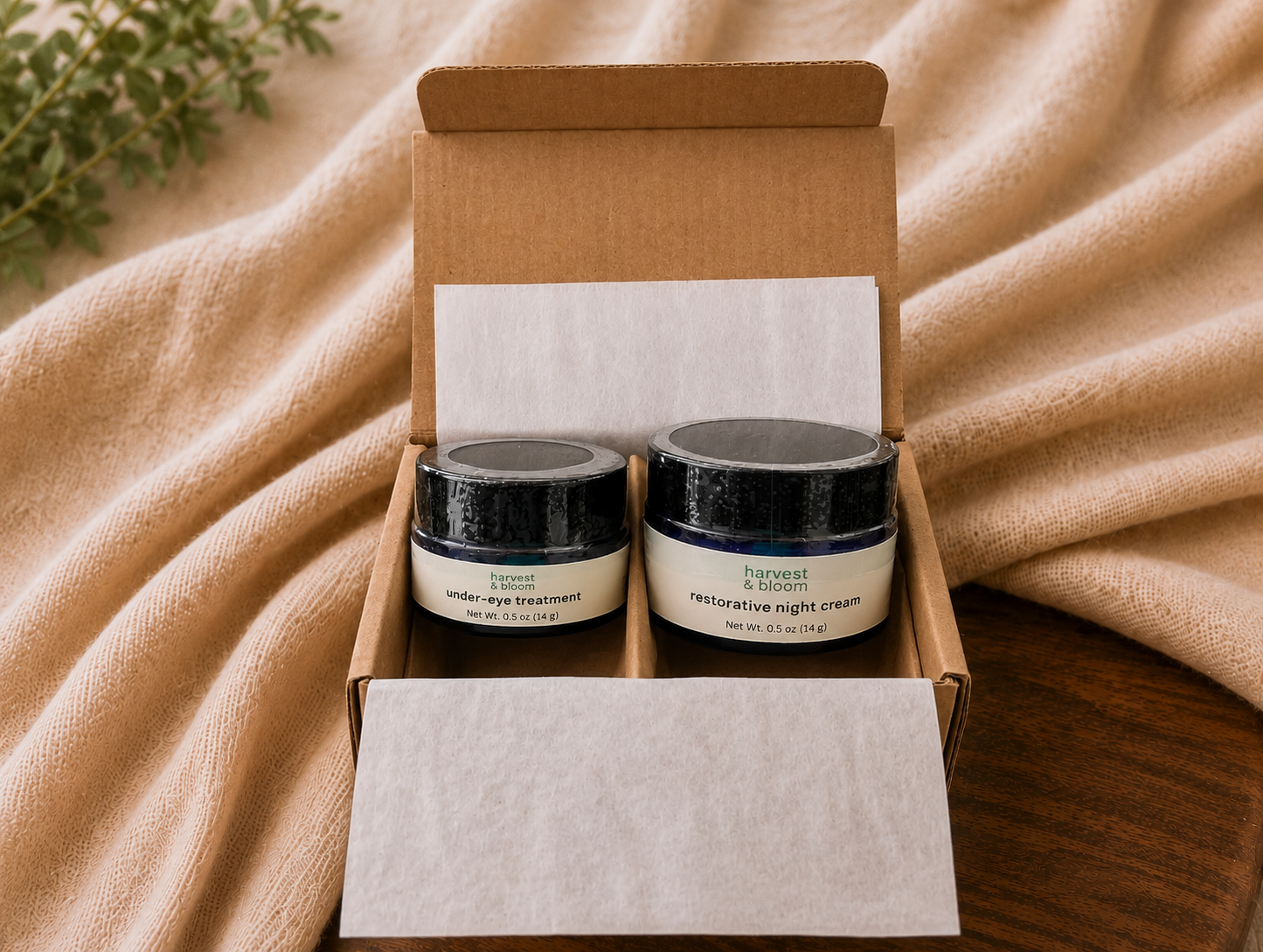 A curated overnight face care gift set featuring an under-eye balm treatment and bakuchiol night cream packaged together for a restorative evening skincare ritual.
