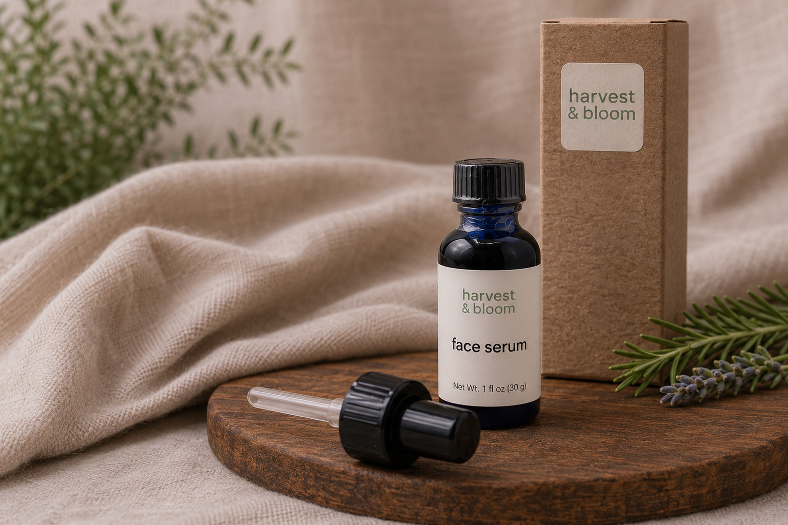 A one-ounce bottle of botanical face serum standing on a wooden platter next to its minimalist kraft paper product packaging box.