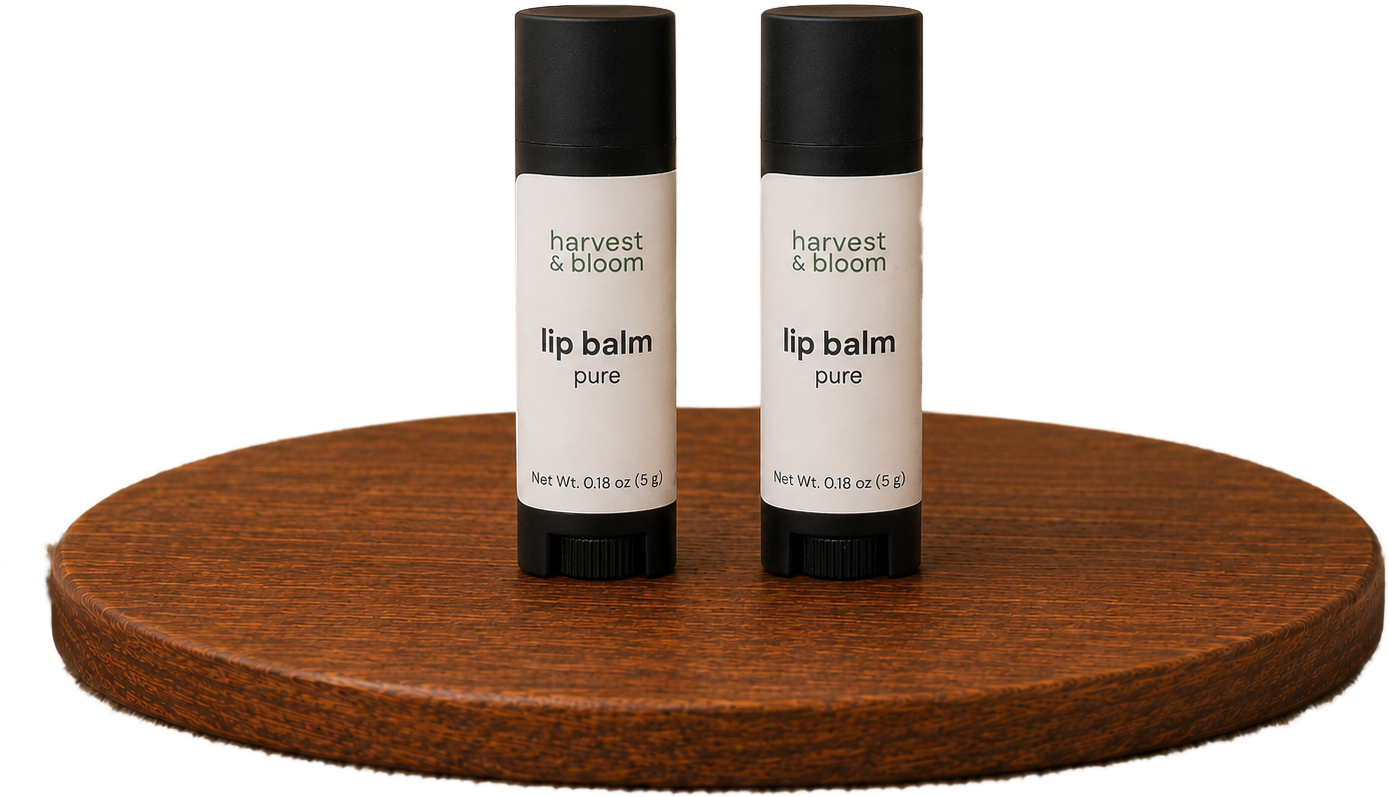 Shop the Harvest and Bloom natural lip balm duo set featuring a two-pack of nourishing plum and sea buckthorn seed oil treatment tubes.