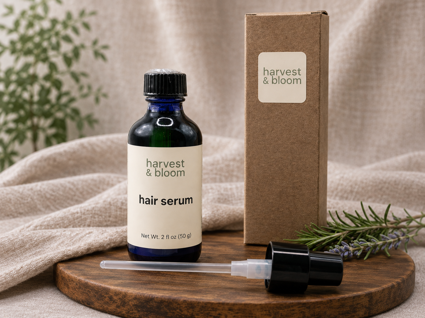 A front-facing view of a cobalt blue glass Harvest & Bloom hair serum bottle alongside its minimalist kraft paper product box and an unassembled black pump cap on a round wooden tray.
