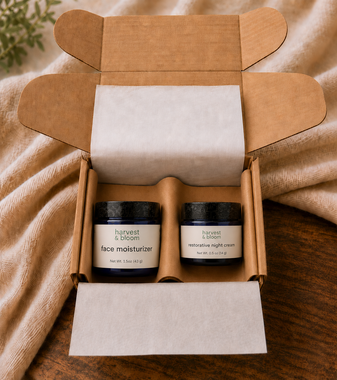 A curated natural face care gift set featuring a full-size day moisturizer and overnight cream packaged together for a complete 24-hour skincare ritual.