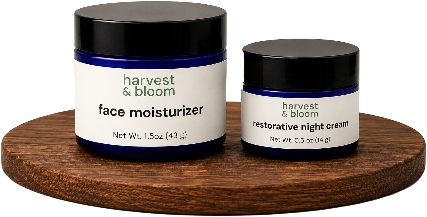 Shop Harvest and Bloom facial skincare sets featuring a two-step daily moisturizer and restorative night cream duo.