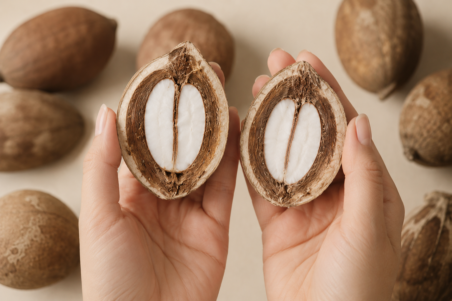 A split-open babassu fruit held in two hands, revealing the white inner oil-bearing kernels inside the fibrous brown shell of the Orbignya oleifera palm tree.