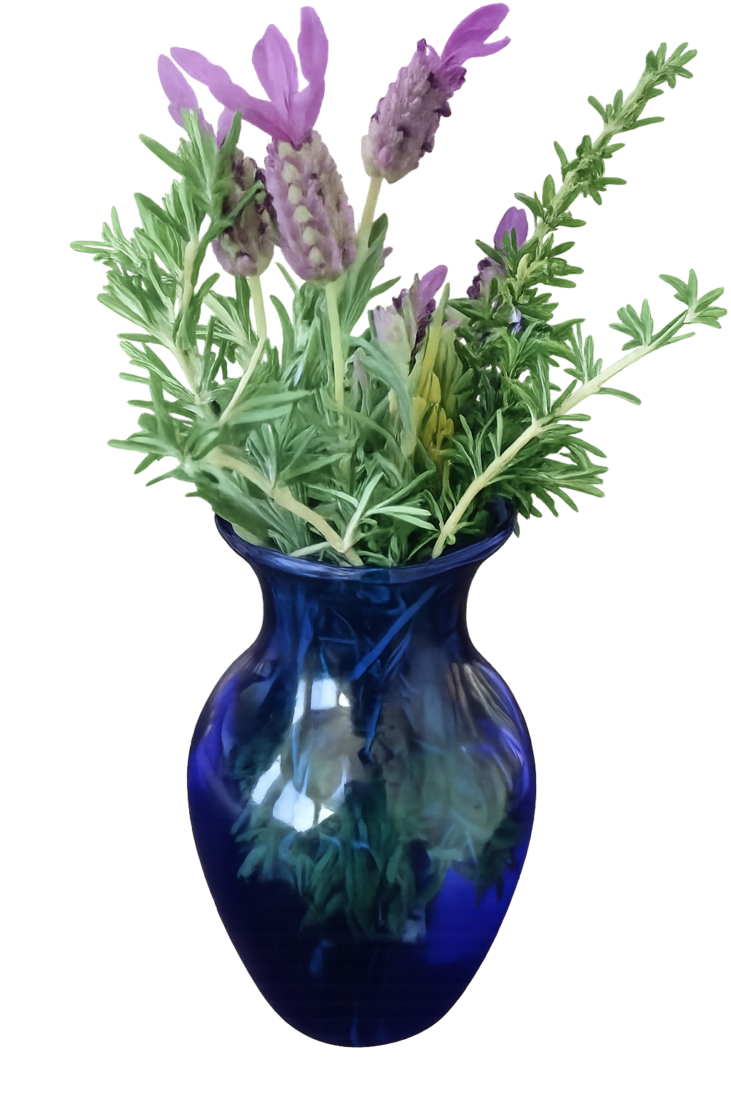 A lush arrangement of fresh purple lavender and green rosemary sprigs in a deep cobalt blue glass vase, displayed next to the small-batch brand story text on the Harvest & Bloom About page.