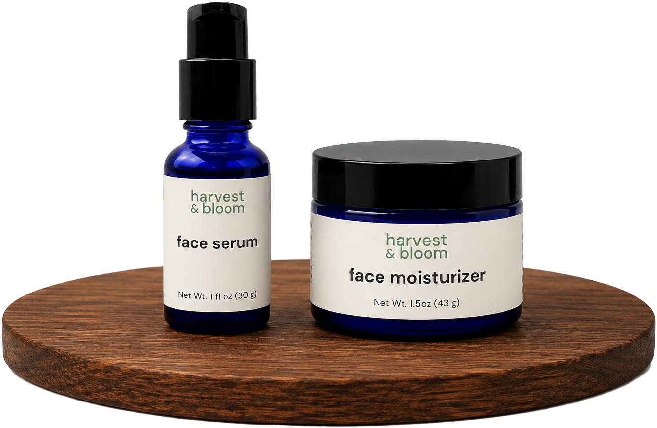 Shop Harvest and Bloom day skincare sets pairing a lightweight multi-oil face serum with a daily face moisturizer.