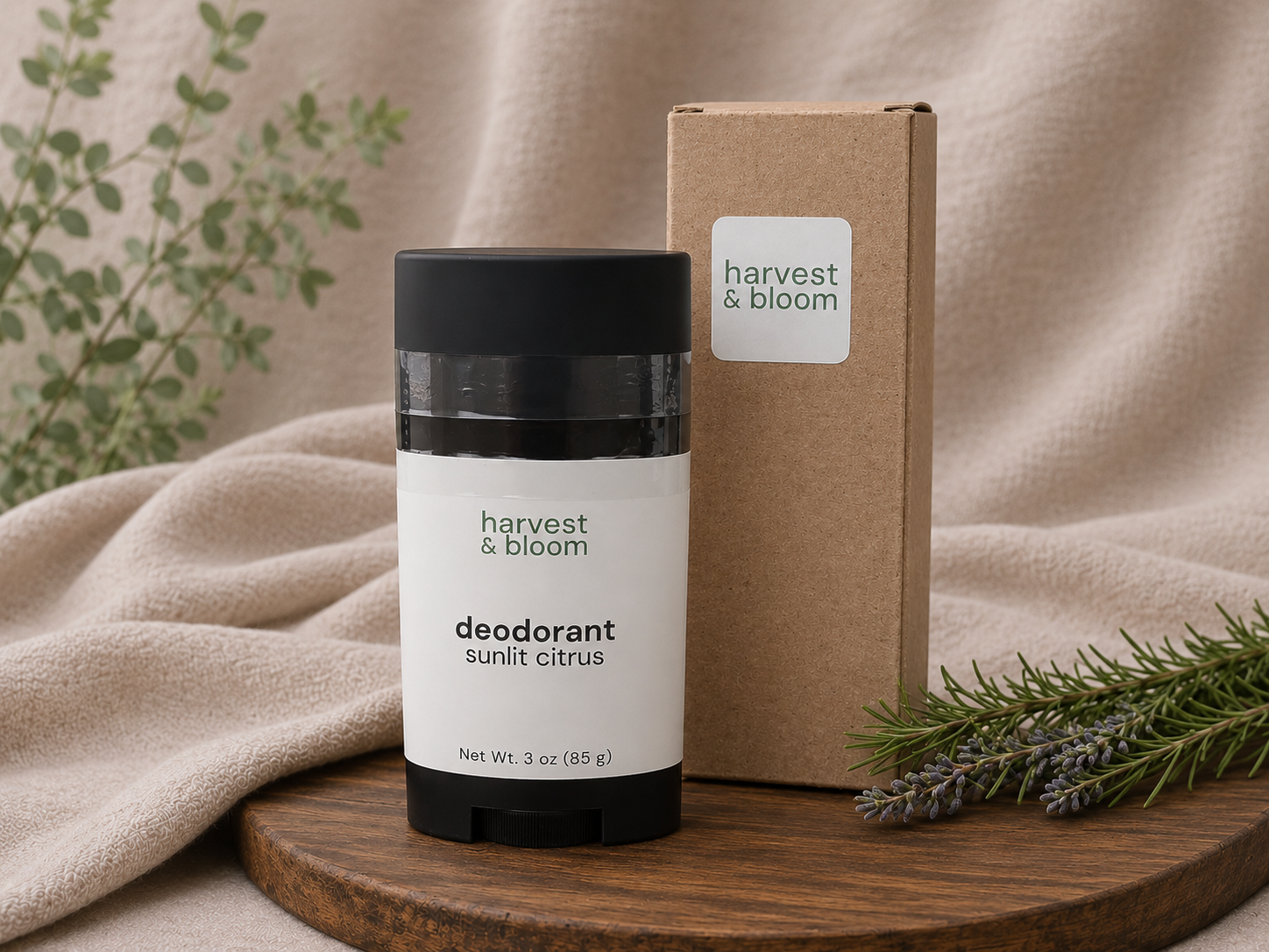 A single matte black stick of Harvest & Bloom natural deodorant in the Sunlit Citrus scent sitting upright next to its minimalist kraft paper product box on a rustic wooden tray.