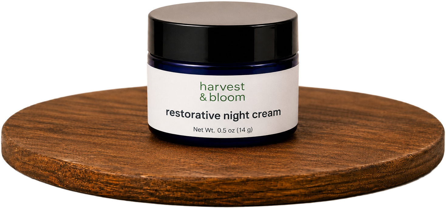 Shop Harvest and Bloom rich bakuchiol restorative night cream jars crafted for overnight skin care.