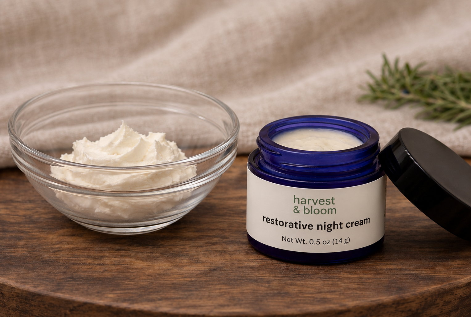 A close-up view highlighting the dense, rich, and cushiony texture of a waterless plant-butter-based restorative night cream.