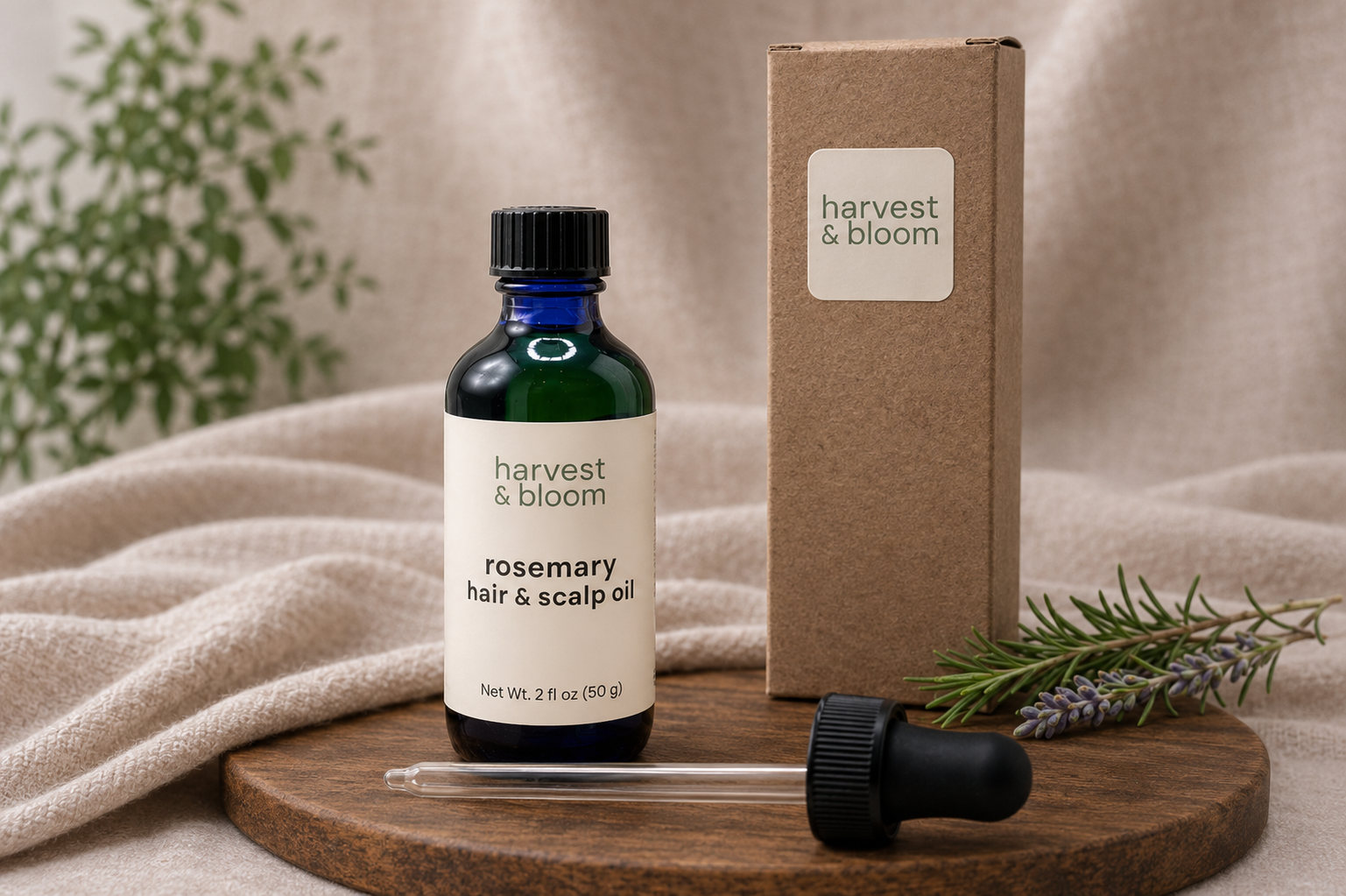 A dropper bottle of slow-infused rosemary hair oil standing on a wooden platter next to its minimalist kraft paper product packaging box.
