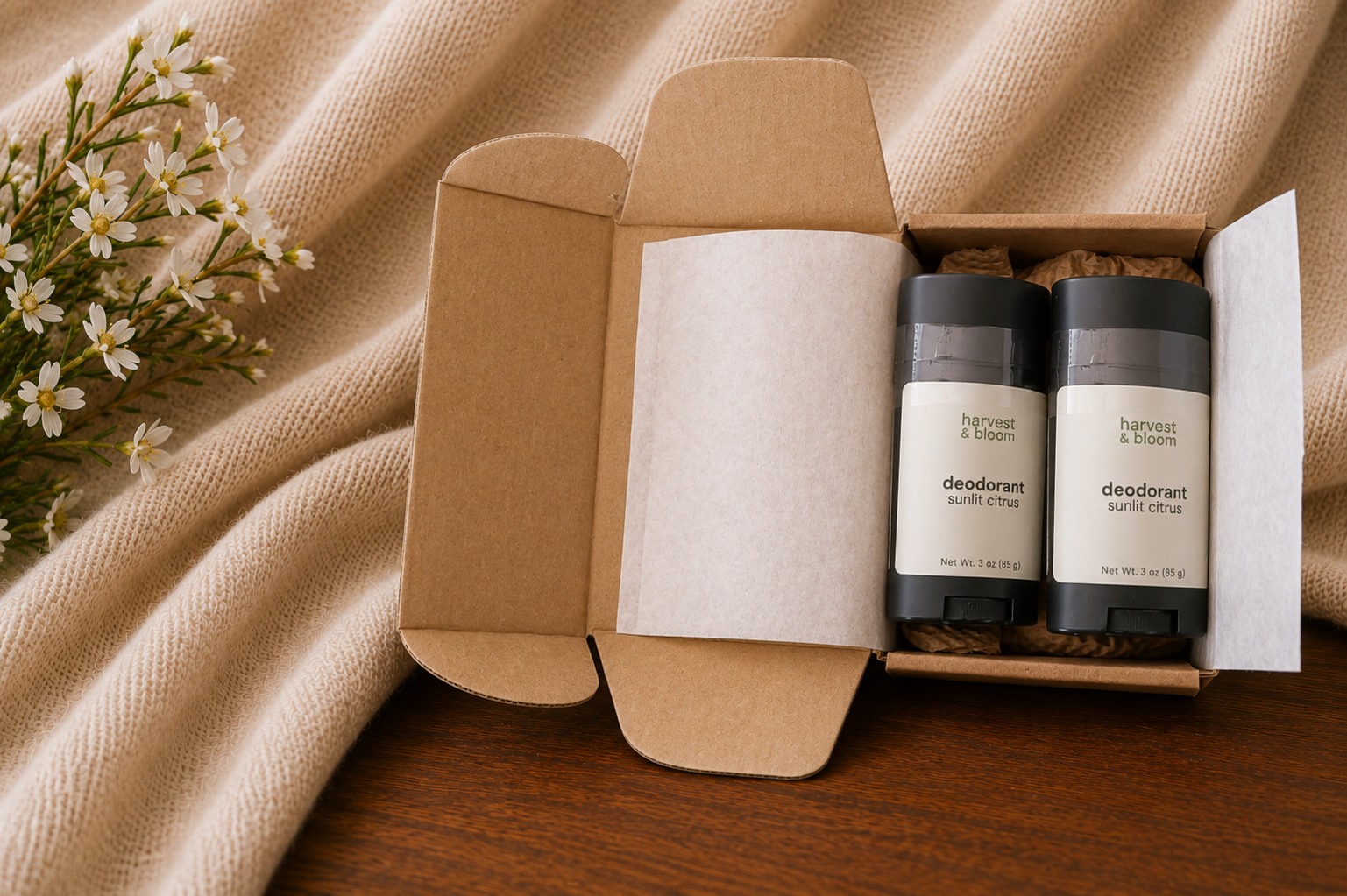 An unboxing view of the Harvest & Bloom deodorant duo set, showcasing two matte black sticks neatly packed inside an open kraft paper shipping gift box on a soft linen backdrop with white flowers.