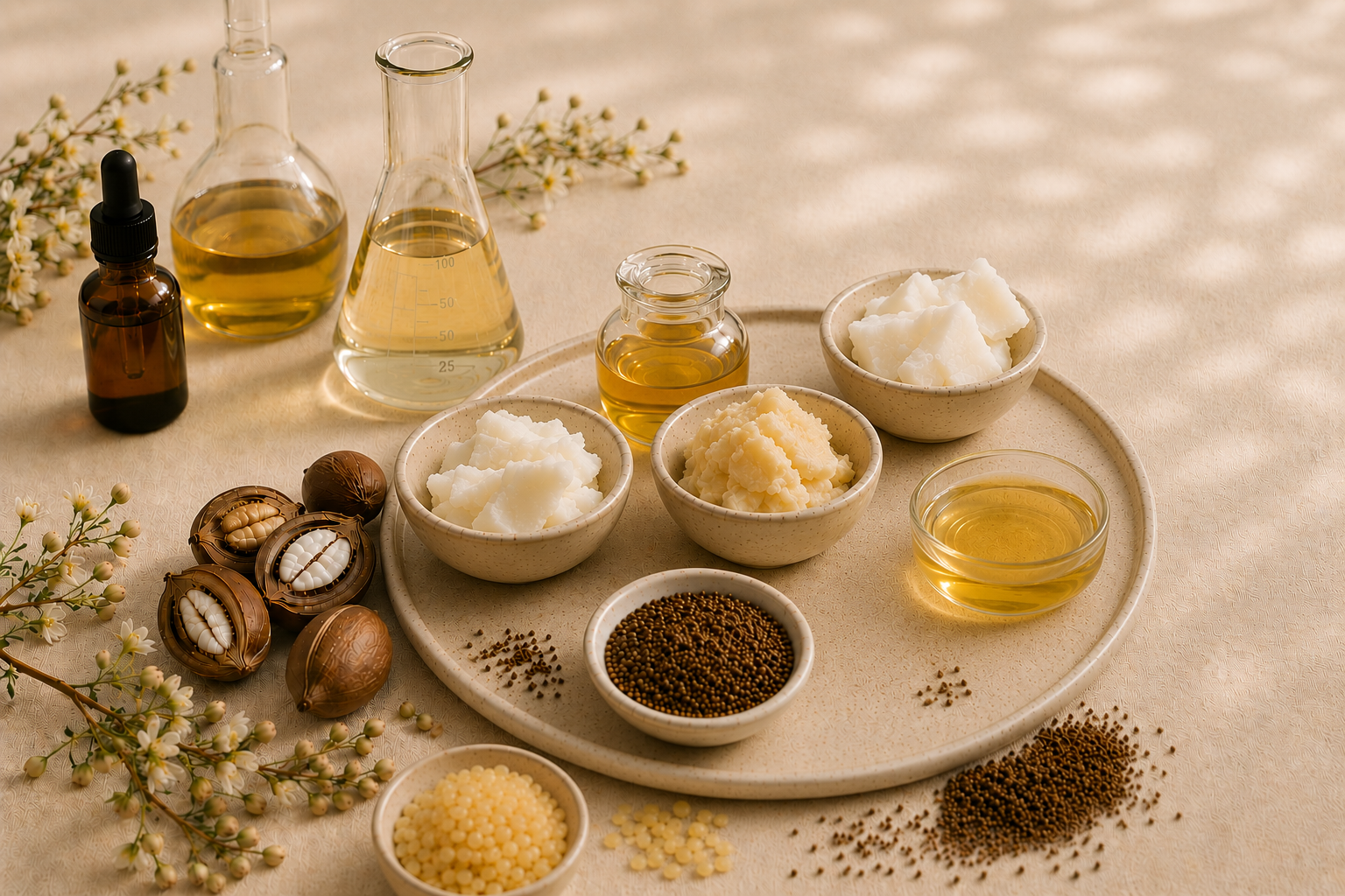 A curated arrangement of raw waterless skincare ingredients on a stone tray, including plant butters, botanical oils in laboratory flasks, and meadowfoam seeds under soft lighting.