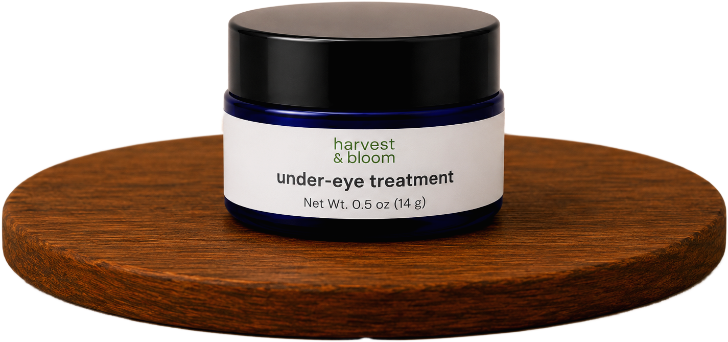 Shop Harvest and Bloom concentrated under-eye treatment balm jars infused with green coffee and prickly pear seed oil.