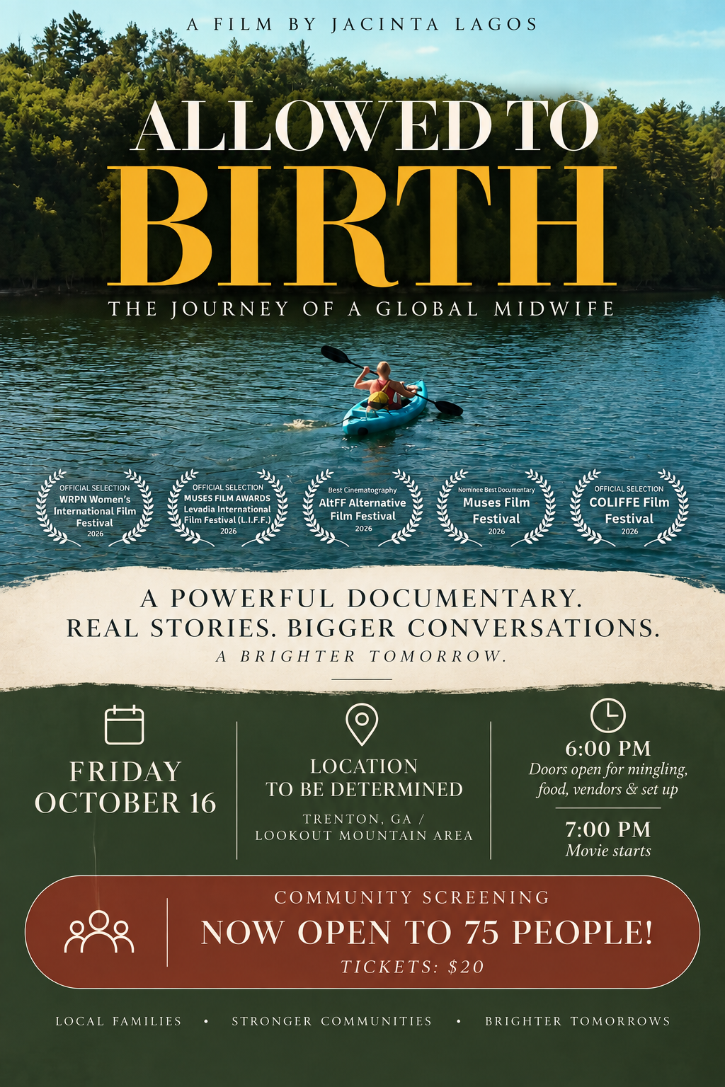 Poster for a documentary film titled 'Allowed to Birth' featuring a woman kayaking on a lake with a forested background. The poster includes film festival awards, event details, and a community screening announcement.