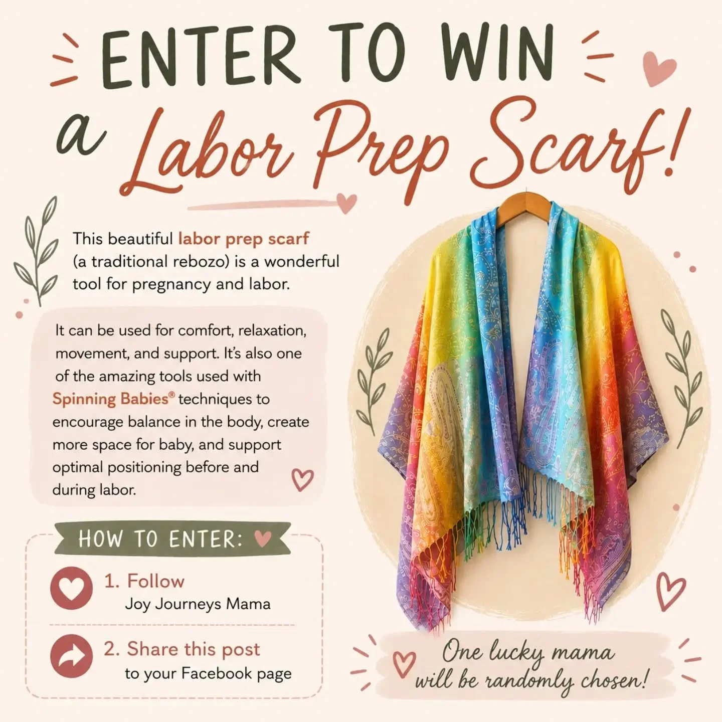Labor Scarf Giveaway!

I'm giving away a labor prep scarf to a lucky mama (or future mama)! 🥰

These scarves are used for "rebozo techniques." A robozi is a long woven shawl that can be used throughout pregnancy and labor for comfort, rela