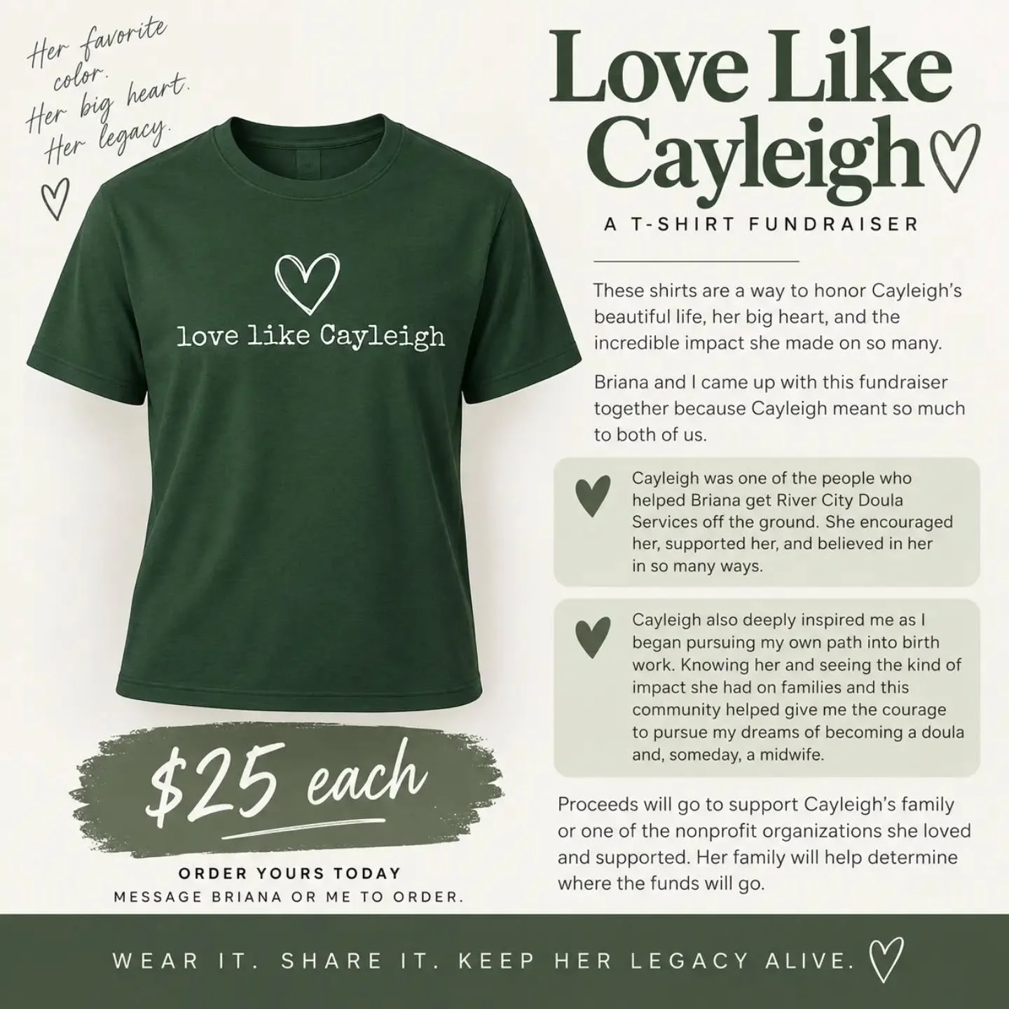 LOVE LIKE CAYLEIGH 💚

Cayleigh inspired hundreds through her overflowing love of life, perseverance, and ability to make people feel truly seen and valued.

But one of her greatest superpowers was connecting people. She brought people together, intr