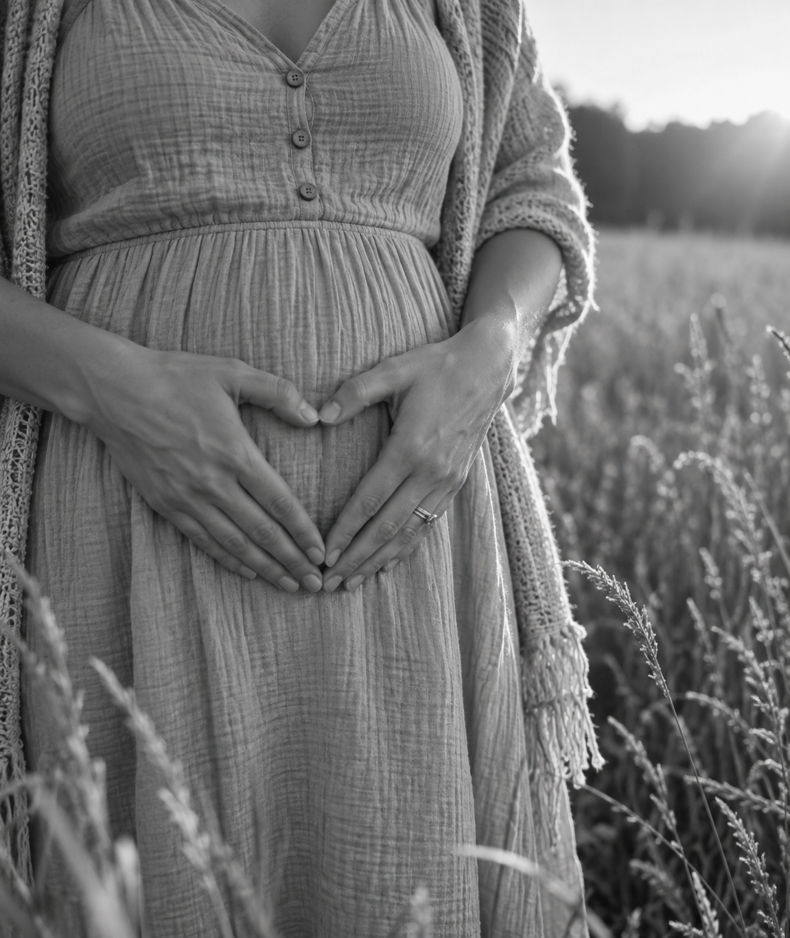 Black and white photo of a pregnant woman in a dress standing in a field with her hands forming a heart shape on her belly.