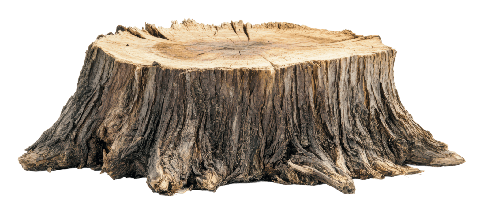 A large tree stump with a flat, light-colored top and rugged, dark bark on the sides.