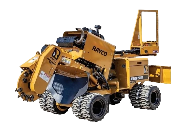 A Rayco RG55R self-propelled, remote controlled commercial stump grinder with a yellow and black body, large rugged tires, and an extended arm for grinding stumps.