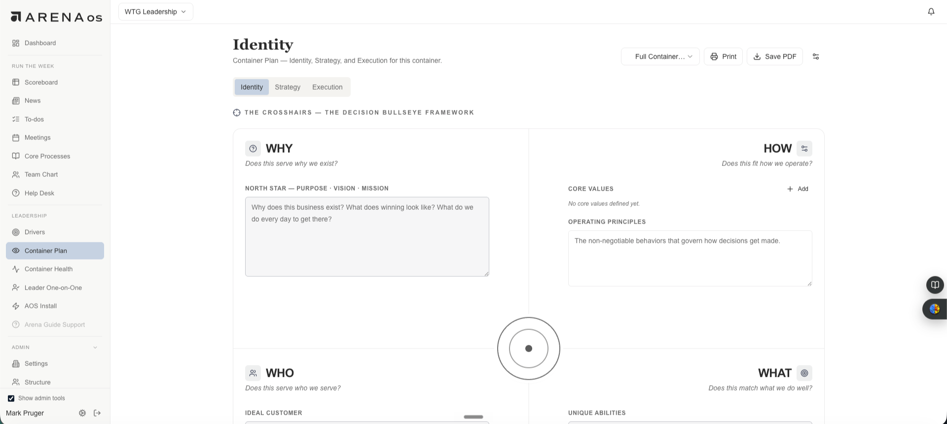 Screenshot of a web application interface displaying a container plan for strategy and execution, with sections labeled 'Why,' 'Who,' 'What,' and 'How,' featuring text descriptions and menu options.