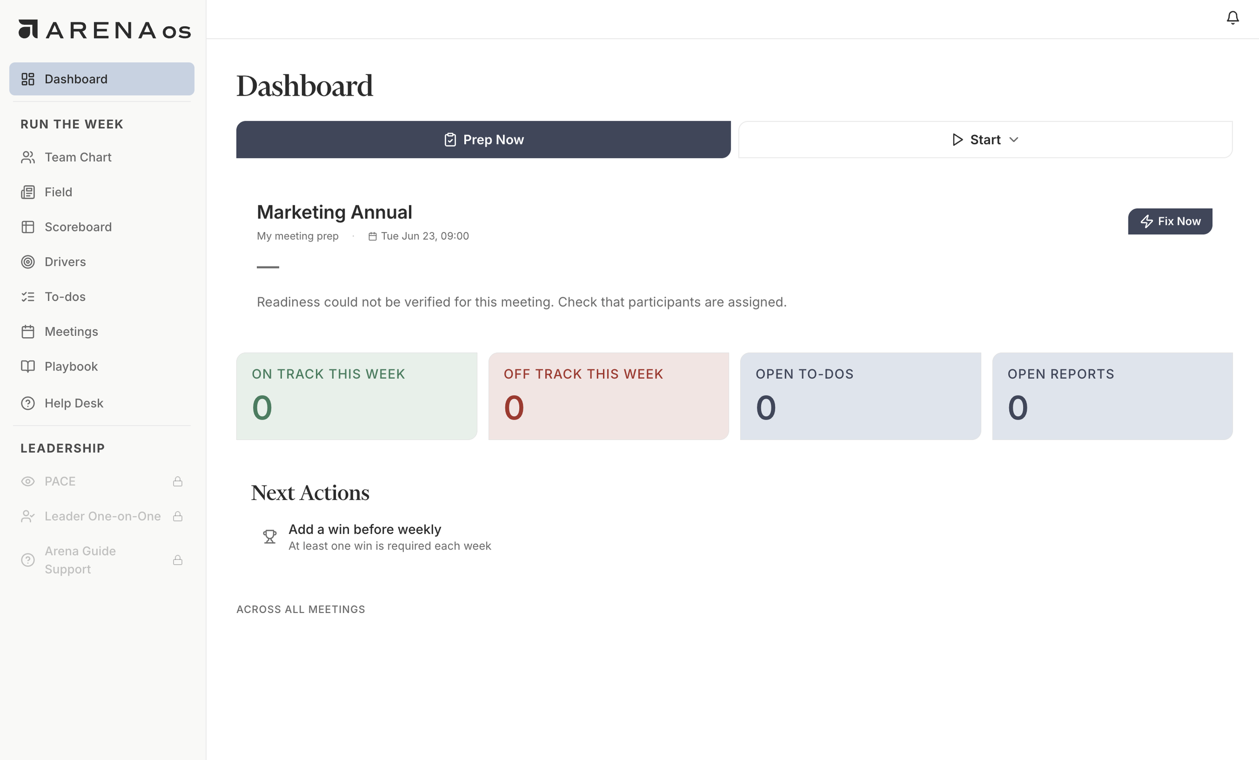 A digital dashboard of ARENA, showing a menu on the left with options like Dashboard, Team Chart, Field, Scoreboard, Drivers, To-dos, Meetings, Playbook, Help Desk. The main section displays 'Dashboard' with a 'Prep Now' button and a scheduled meeting titled 'Marketing Annual' on June 23 at 9:00 am, with status indicators showing no progress this week.