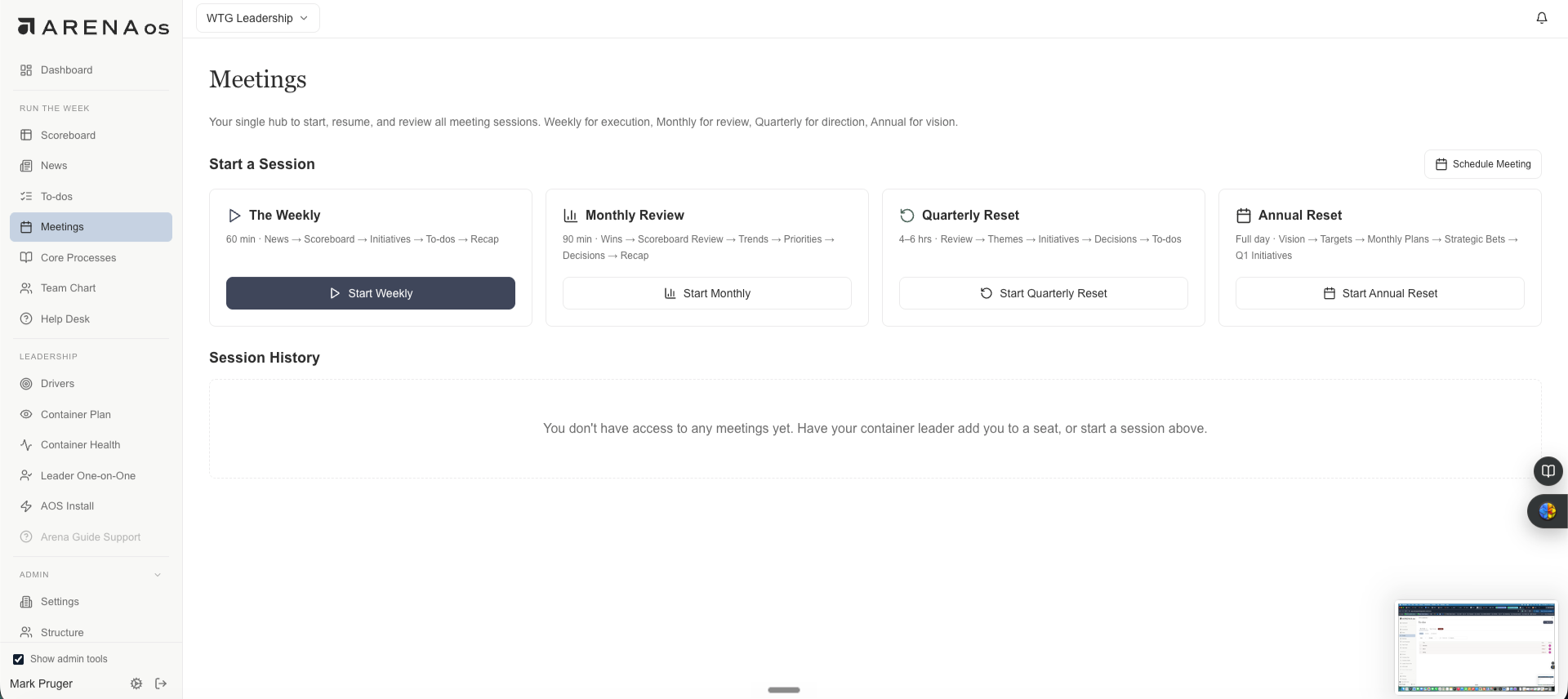 Dashboard screen for Arena software with sections for meetings, leadership, admin, and user profile, listing options for starting weekly, monthly, quarterly, and annual reviews.