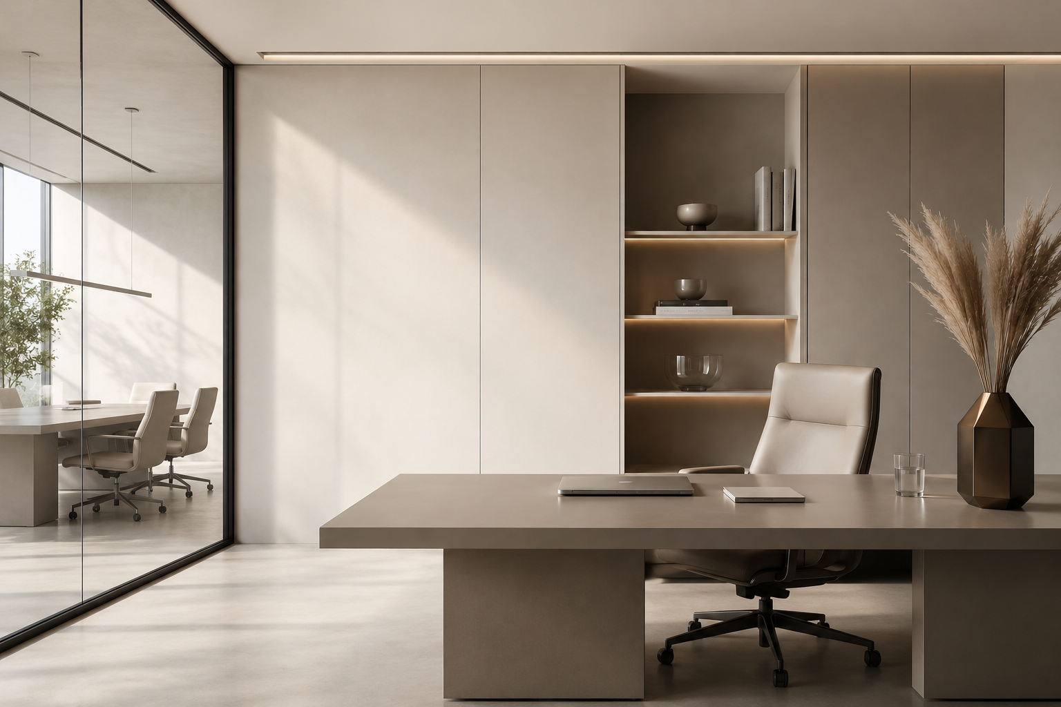 Modern office space with a beige desk and matching leather chair, open shelving with decorative bowls and books, a glass of water and a vase with pampas grass on the desk, and a glass wall separating the office from a conference room with chairs and a table.