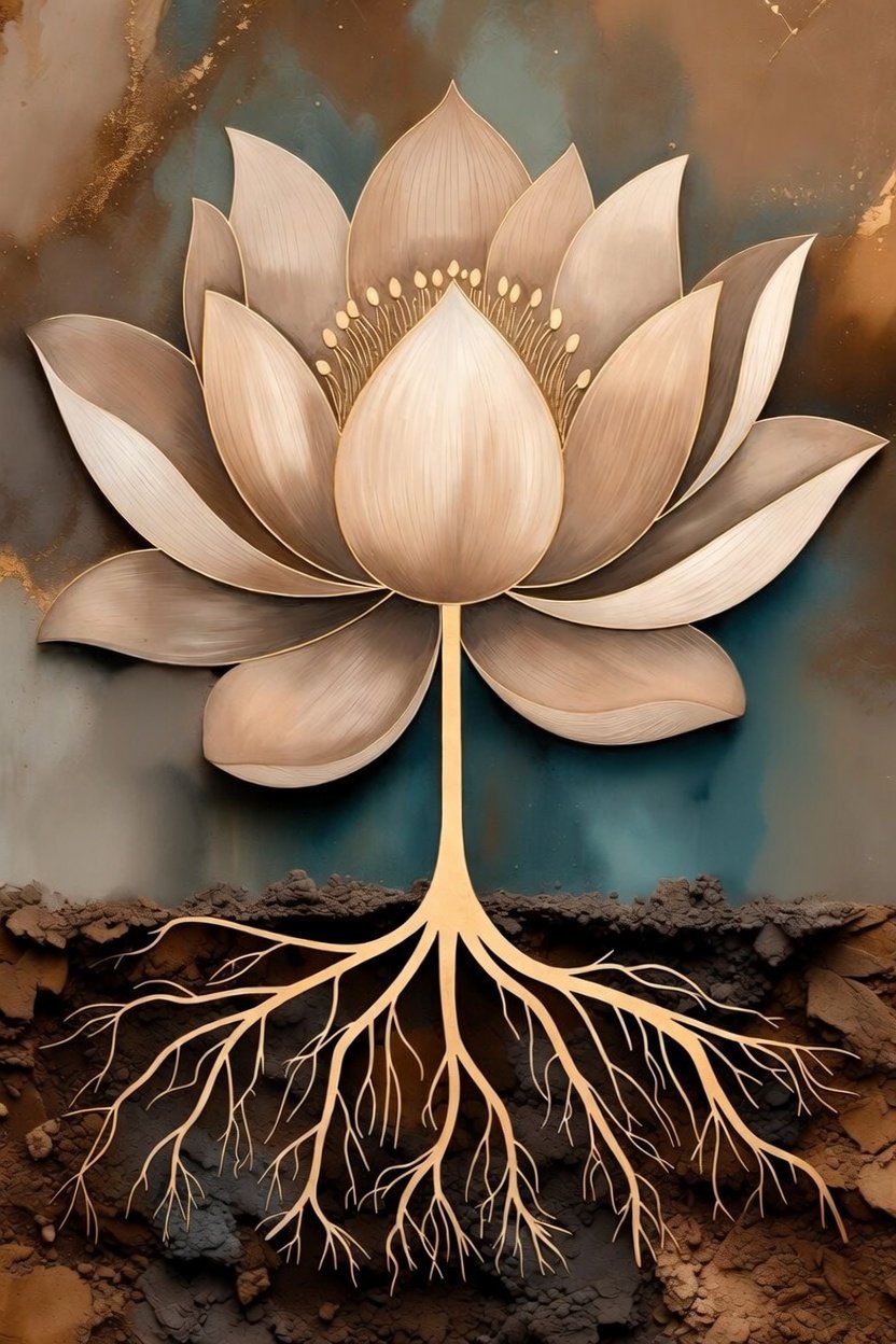 Metal wall art depicting a lotus flower with large petals and root-like structures beneath, set against a textured background.