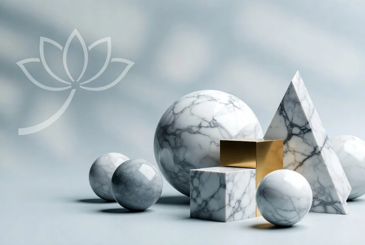 Collection of marble objects including spheres, cubes, and pyramids with a minimalistic gray background and a lotus flower outline on the upper left.