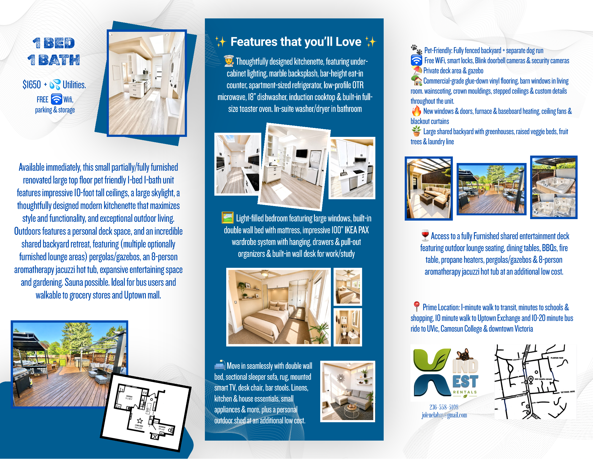 Touristic flyer advertisement for a rental property featuring photos of a small studio apartment with a kitchen, bedroom, and outdoor deck, and listing amenities like WiFi, pet friendly areas, and nearby transit options.