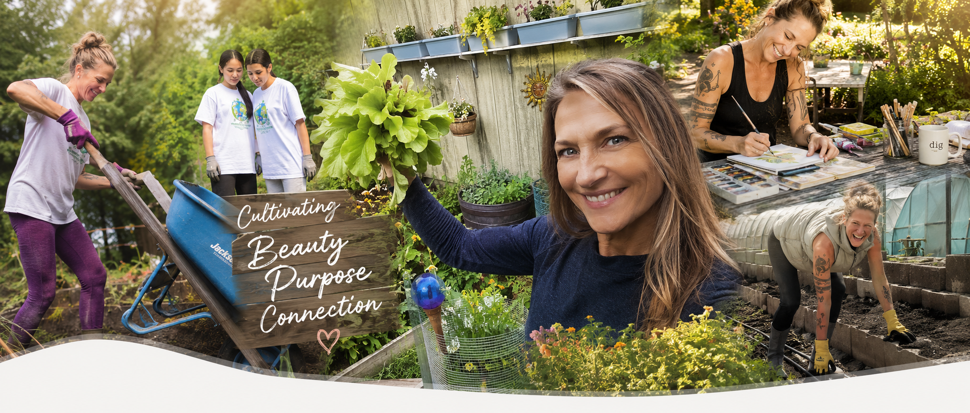 Collage of women gardening, painting, and planting outdoors, with a woman holding a plant, and a sign that reads 'Cultivating Beauty Purpose Connection'.