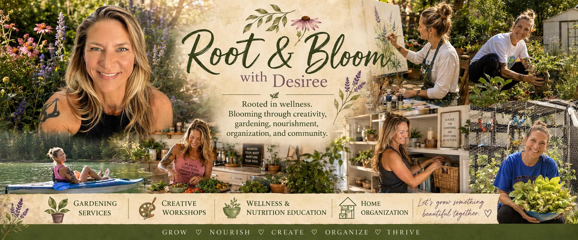 A promotional banner for Root & Bloom with Desiree featuring images of a woman with tattoos gardening, cooking, painting, and relaxing outdoors, along with floral illustrations and text about wellness, gardening, and community.