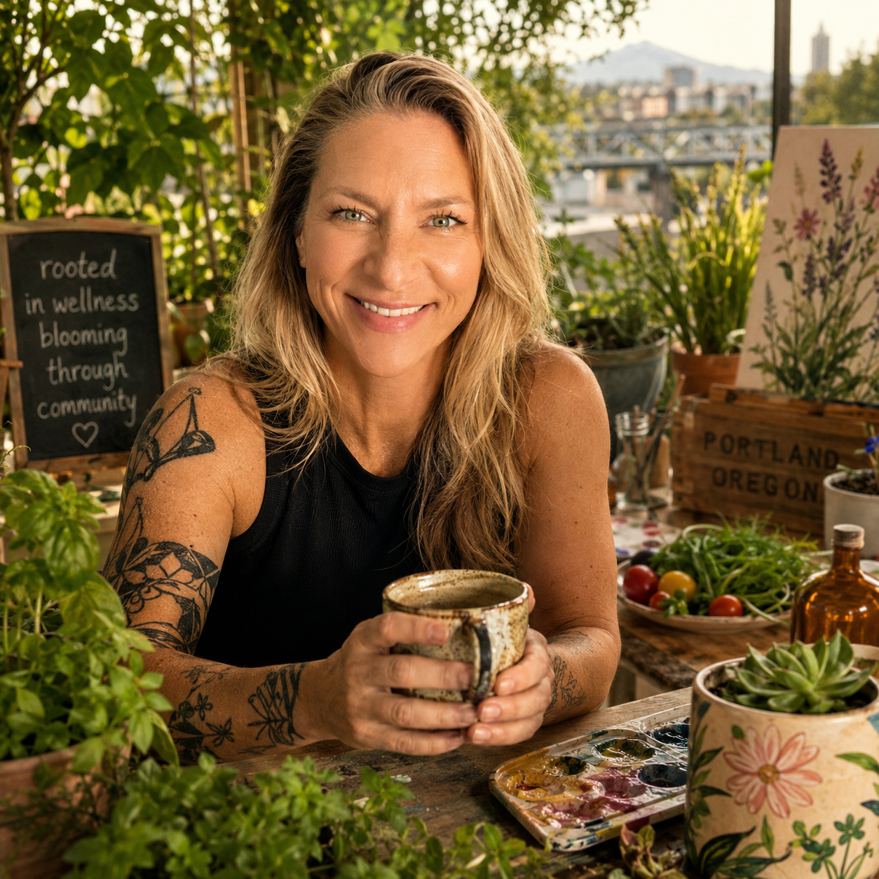 A woman with tattoos on her arms, holding a mug, sitting at a table with plants and art supplies, smiling outdoors with a city skyline in the background.