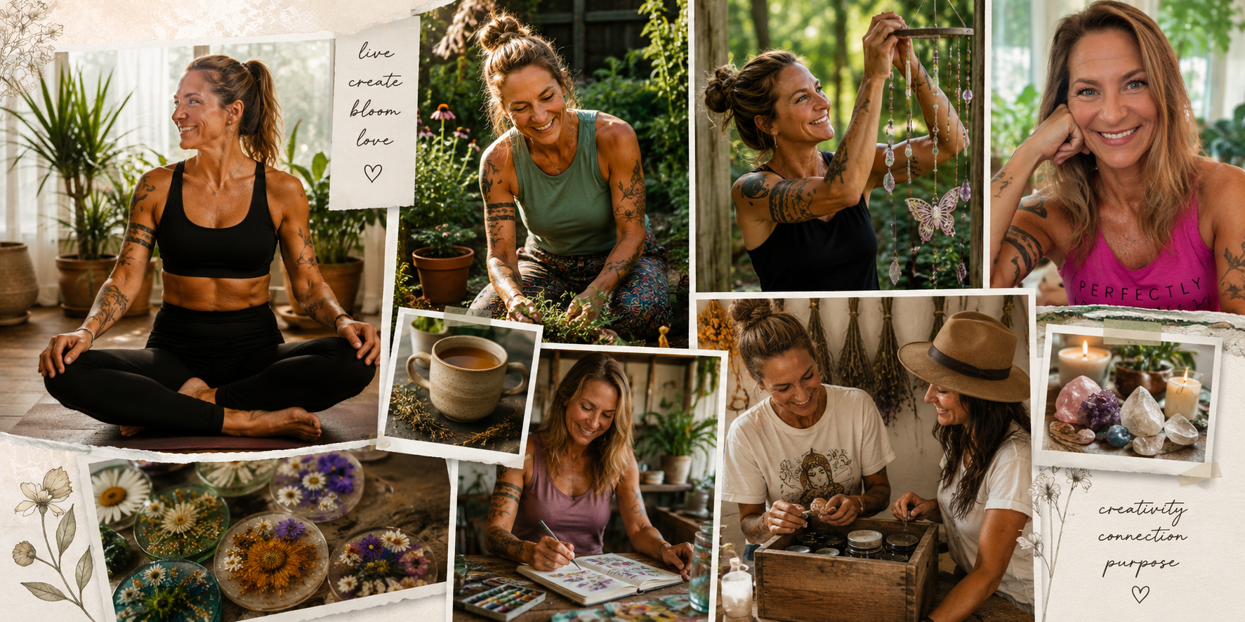 Collage of women engaging in activities like gardening, jewelry making, practicing yoga, and journaling, with decorative elements like flowers, crystals, candles, and handwritten notes about love, creativity, connection, and purpose.