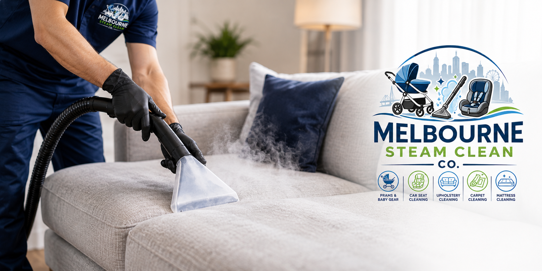 Person cleaning a beige sofa with a steam cleaning machine in a living room, with a logo for Melbourne Steam Clean Co. overlaid on the right side, featuring illustrations of a stroller, vacuum, car seat, sofa, carpet, and mattress.
