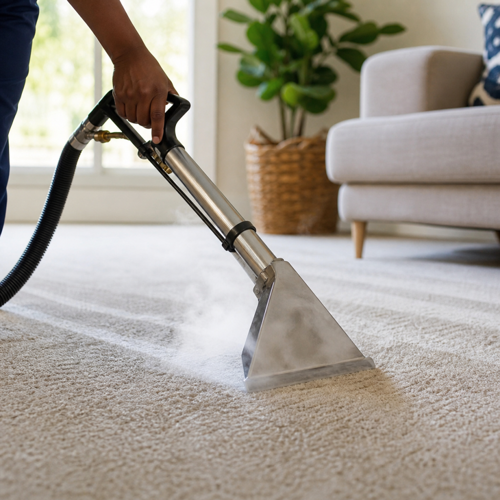 A person using a professional carpet cleaning machine on a beige carpet in a living room with a sofa and a potted plant.