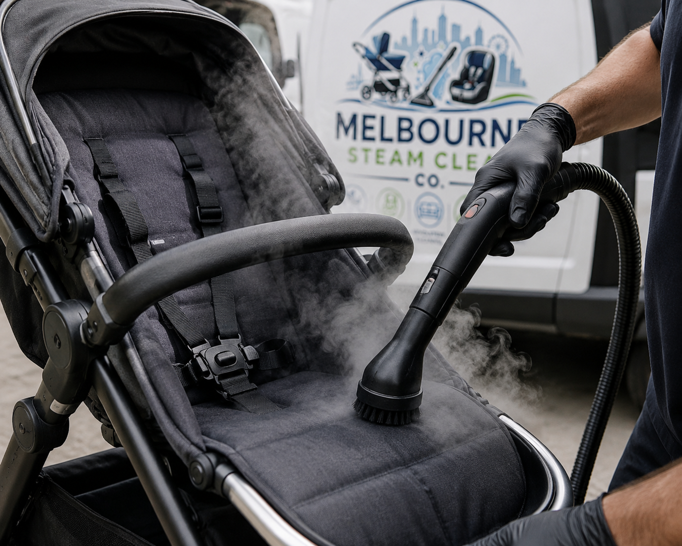 Person wearing black gloves using a steam cleaning device on a black baby stroller with a partially lifted canopy, with steam visible emerging from the stroller.