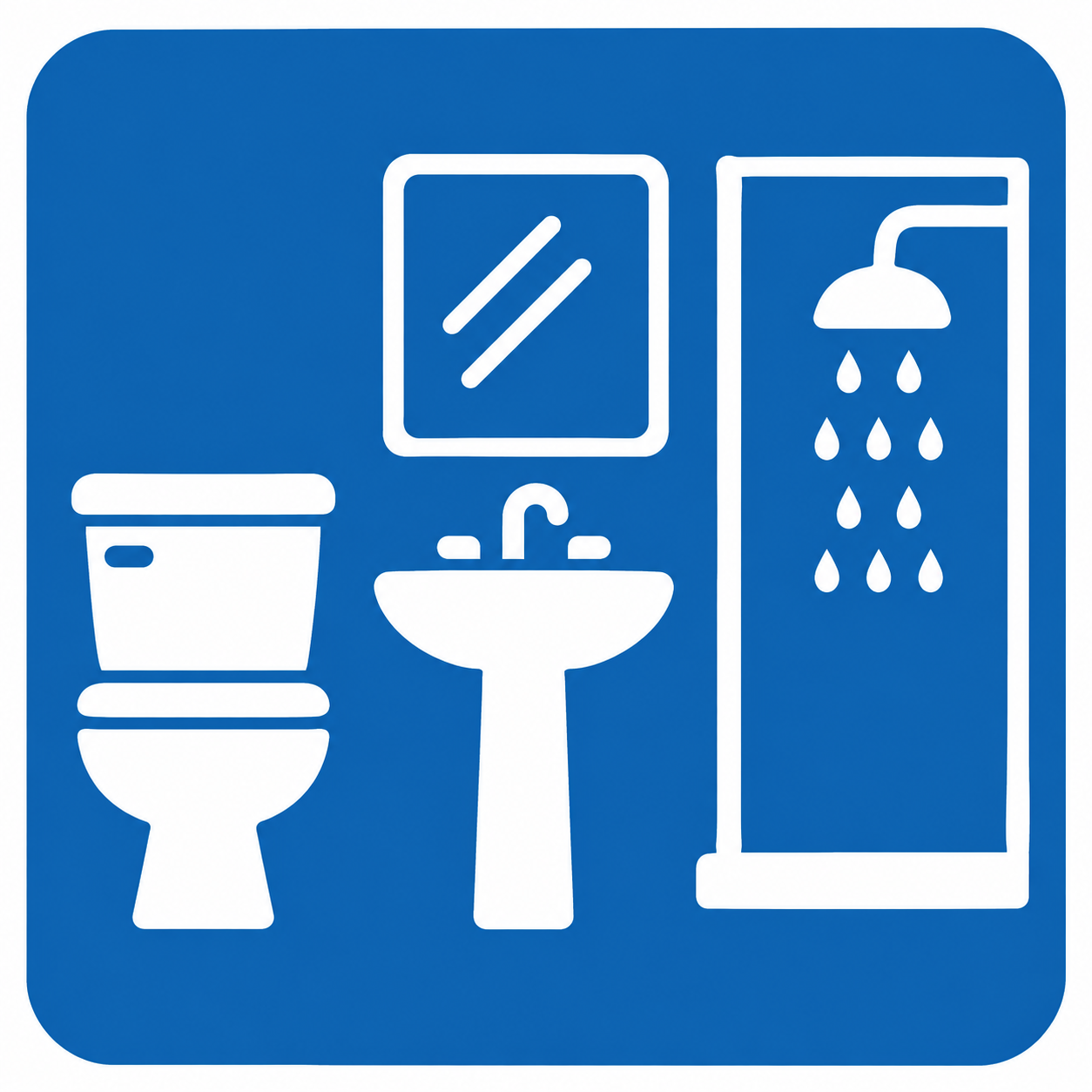 Blue bathroom sign showing a toilet, sink, mirror, and shower with water droplets