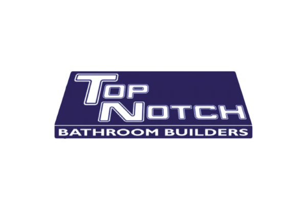 Logo for Top Notch Bathroom Builders with blue and white text on a dark blue background.