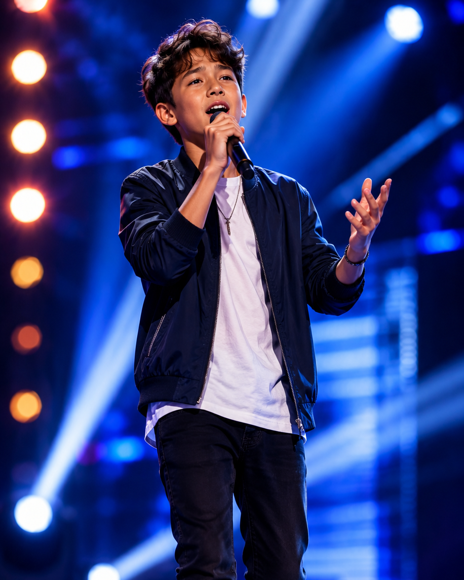 Young boy singing into a microphone on stage with blue and orange stage lights.