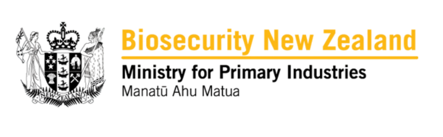 Logo of the Ministry for Primary Industries of New Zealand with the text "Biosecurity New Zealand" in large yellow and gold letters.