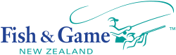 Logo for Fish & Game New Zealand with a stylized fish, fishing rod and person