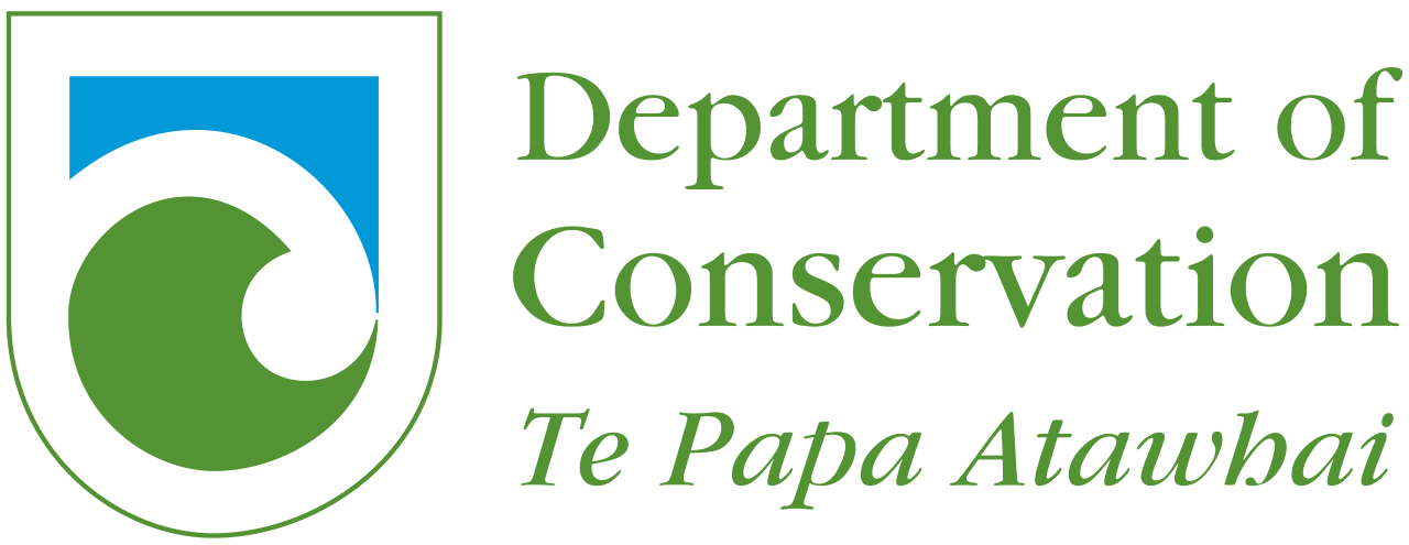 Logo of the New Zealand Department of Conservation with a stylized green kiwi and blue mountain, and the text 'Department of Conservation Te Papa Atawhai' in green.