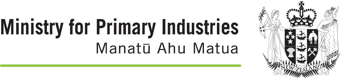 Logo of New Zealand's Ministry for Primary Industries, featuring a coat of arms with a queen's crown, a woman holding a staff, and various symbols representing different industries.